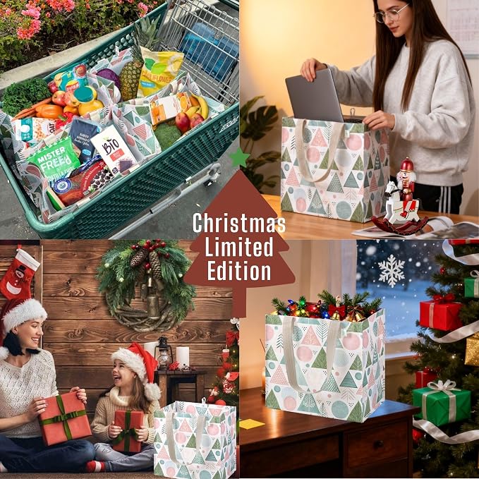 VENO 4 Pack Christmas Reusable Grocery Bags, Heavy-Duty Shopping Bags - Image 5