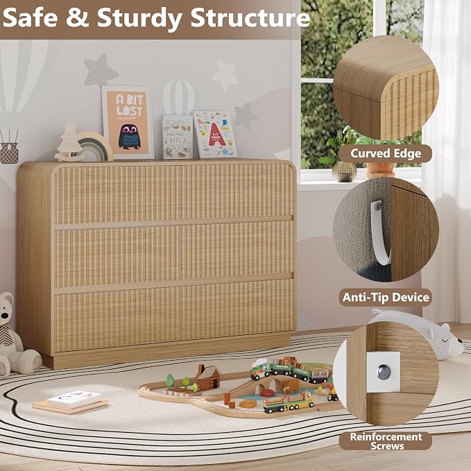 Dresser for Bedroom with 6 Drawers, Fluted Chest of Drawers with Round Curved - Image 4