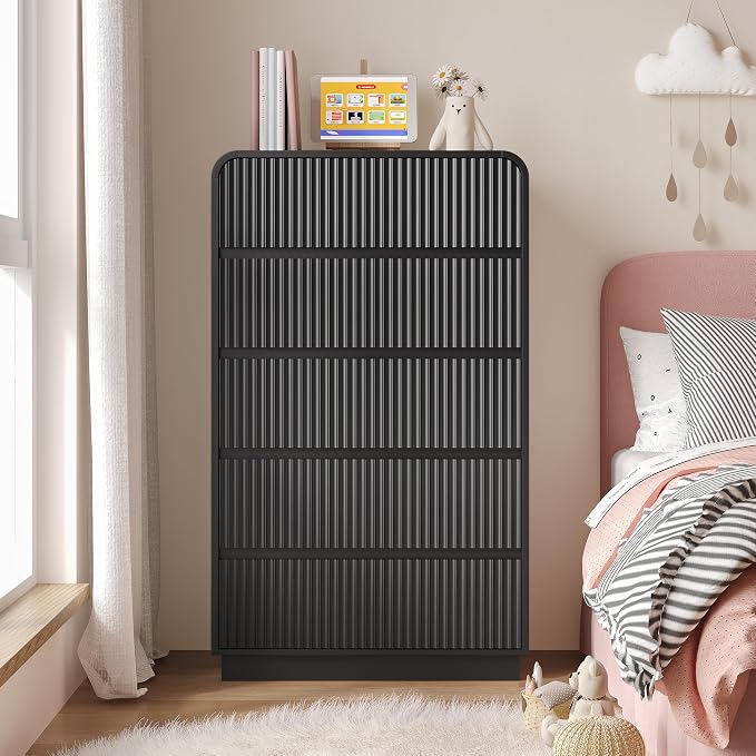 Tall Dresser for Bedroom with 5 Drawers, Fluted Chest of Drawers with Round - Image 7
