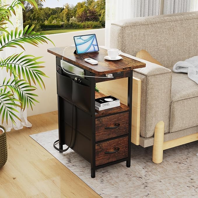 Small Side Table with Charging Station, Narrow Nightstand Bedside Tables with - Image 7