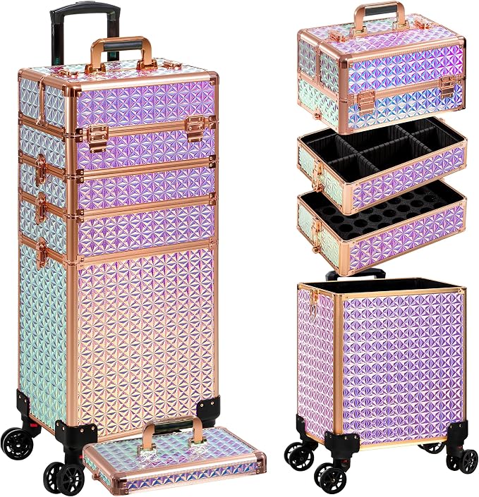 AROUS 5 in 1 Rolling Makeup Train Case Cosmetology Case on Wheels Large - Image 9