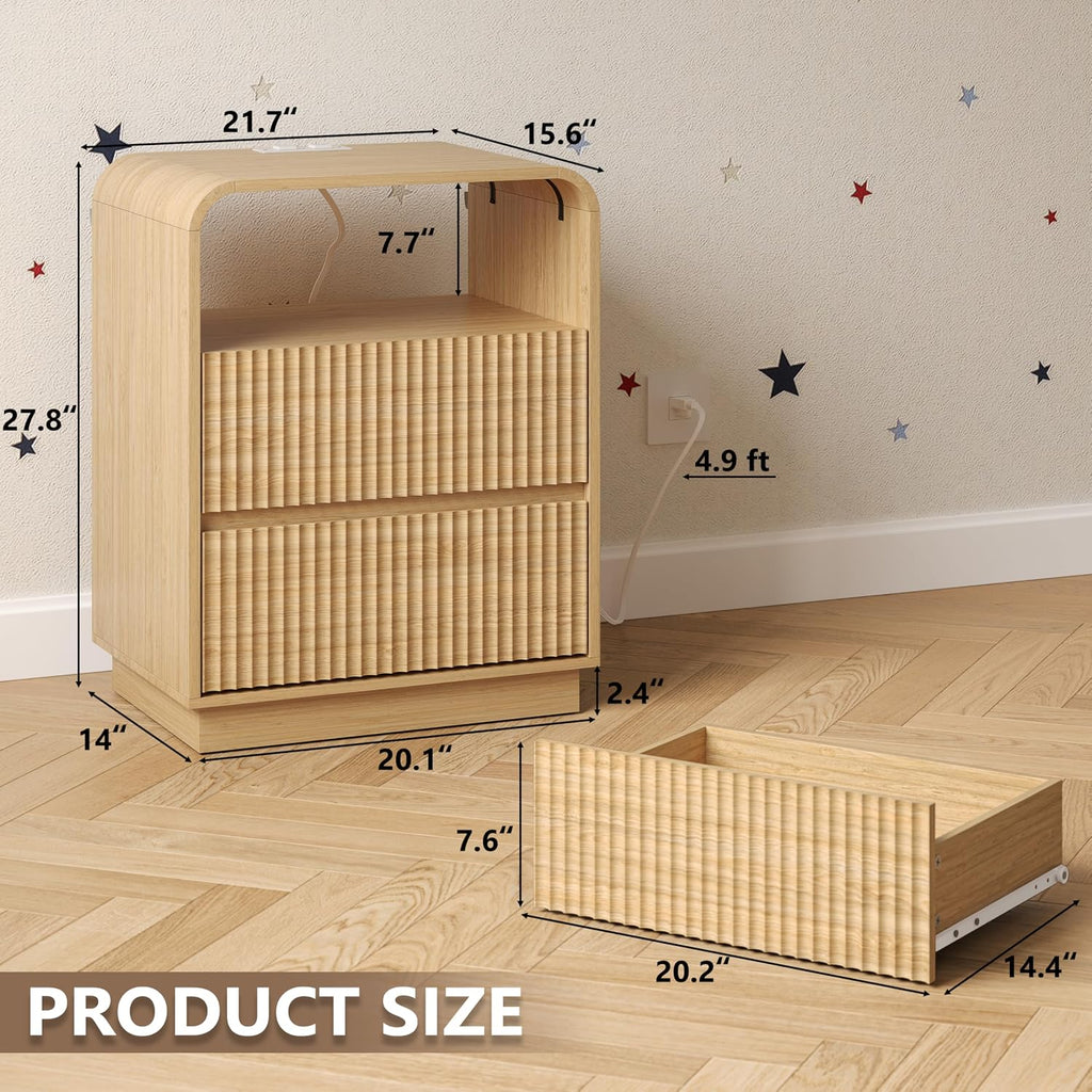 BORNOON Dresser with 2 Drawers and Charging Station, Fluted Bedside