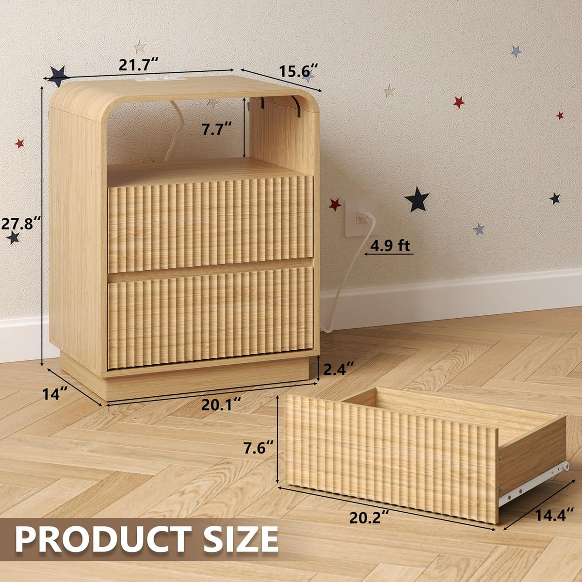 BORNOON Dresser with 2 Drawers and Charging Station, Fluted Bedside