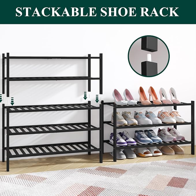 Smiry Bamboo Shoe Rack for Closet, 3 Tier Wooden Stackable Shoe Organizer - Image 4