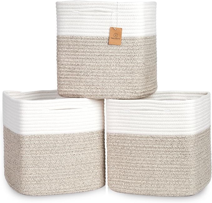 NaturalCozy 13 Inch Cube Storage Bins Cotton Rope Woven Baskets by NaturalCozy