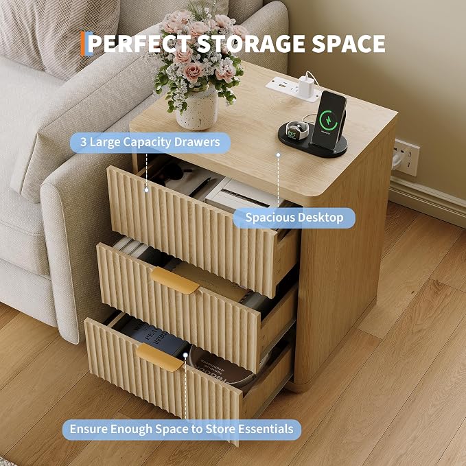 Fluted Nightstand with Charging Station, Bedside Table with 3 Drawers Storage - Image 4