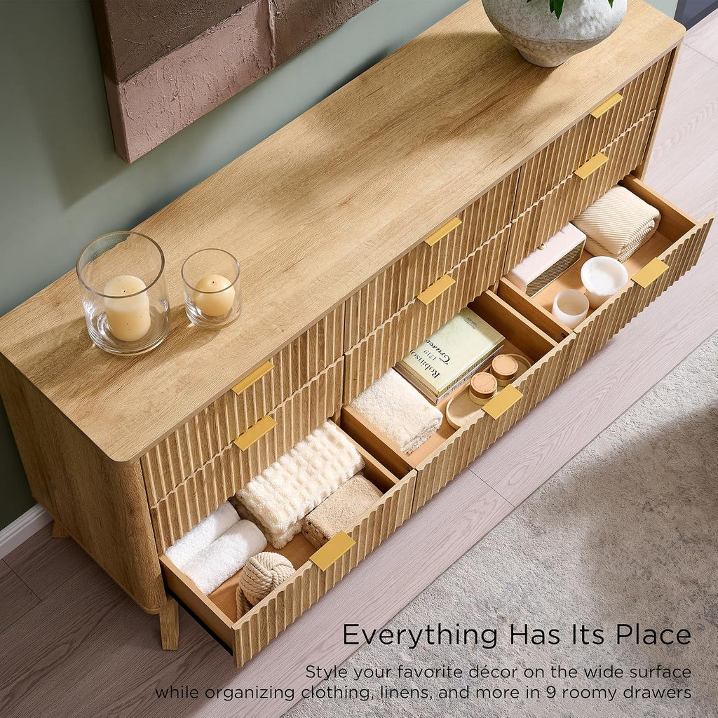 T4TREAM 63" Wide Fluted 9 Drawer Dresser for Bedroom, Natural Oak