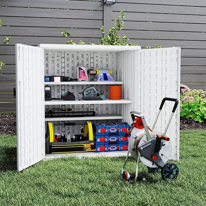 Outdoor Storage Cabinet with 2 Shelves, Waterproof Resin Vertical Tool Shed - Image 5