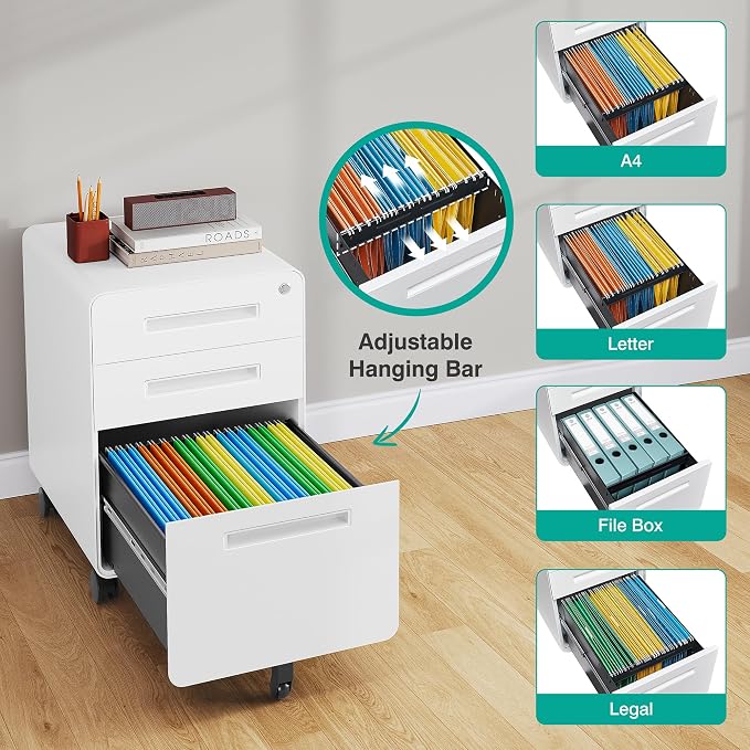 3 Drawer File Cabinet with Lock, Under Desk File Cabinet, Three Drawer Filing - Image 5