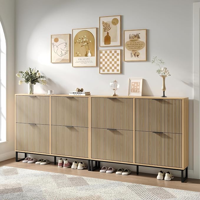Shoe Cabinet with 4 Flip Drawers Set of 2, Narrow Wood Shoe Cabinet Storage by Provideyouwithbestproduct%EF%BC%81