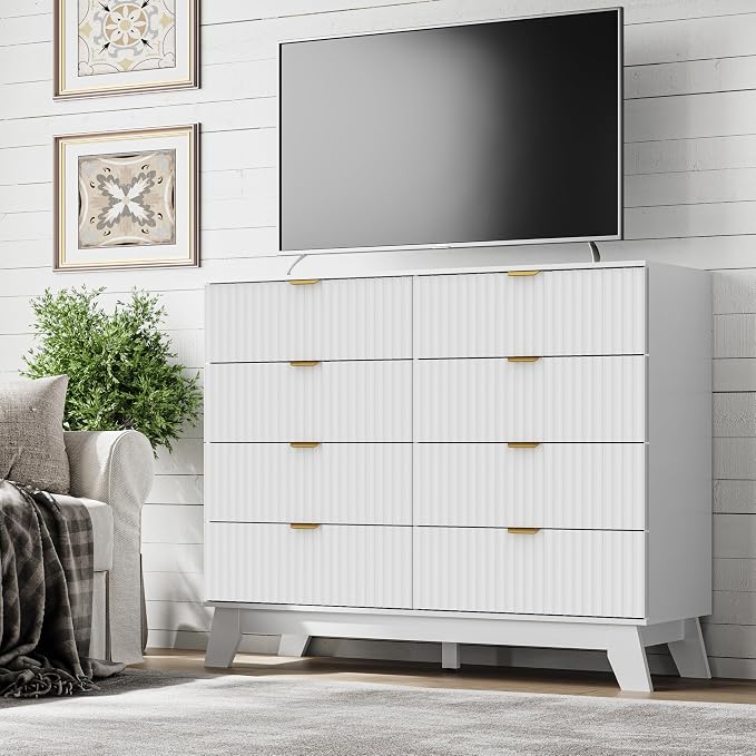 Fluted 8 Drawer Tall Dresser, 47.2" Wide Modern Boho Chest of Drawers, Wooden - Image 5