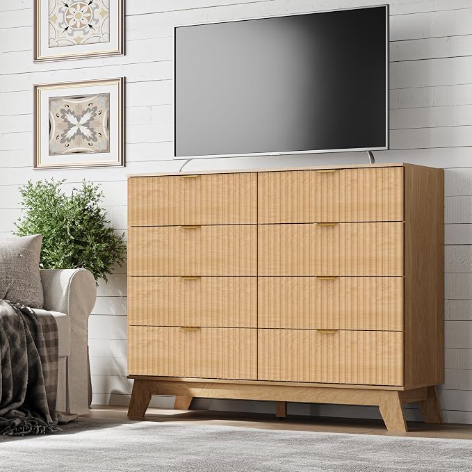 Fluted 8 Drawer Tall Dresser, 47.2" Wide Modern Boho Chest of Drawers, Wooden - Image 5