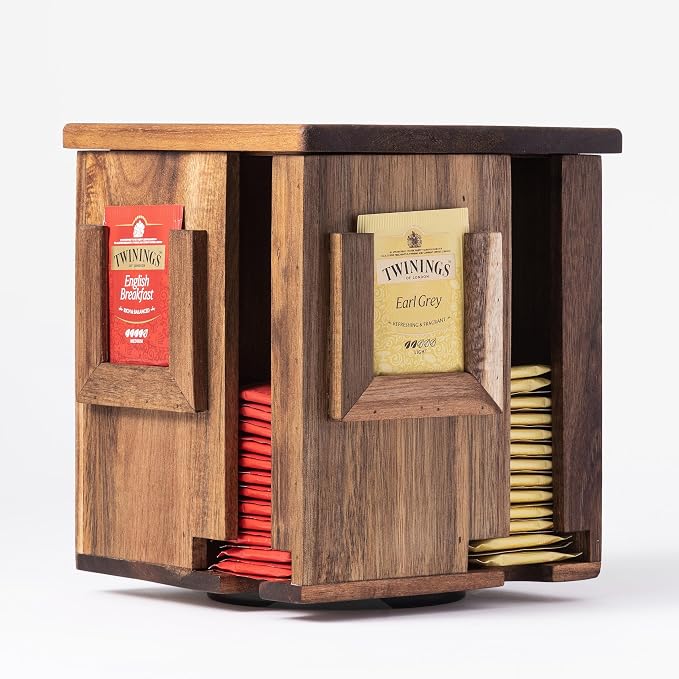 Rotating Tea Bag Organizer – Acacia Wood 4-Sided Storage Box by Blissli