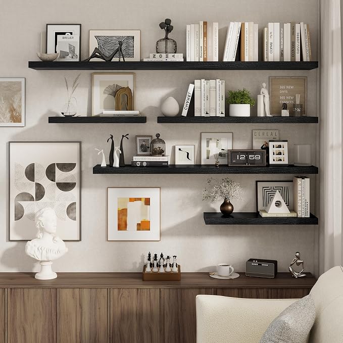 Black Floating Shelves for Wall, 27.5 Inch Bathroom Shelves Set of 2, Rustic - Image 6