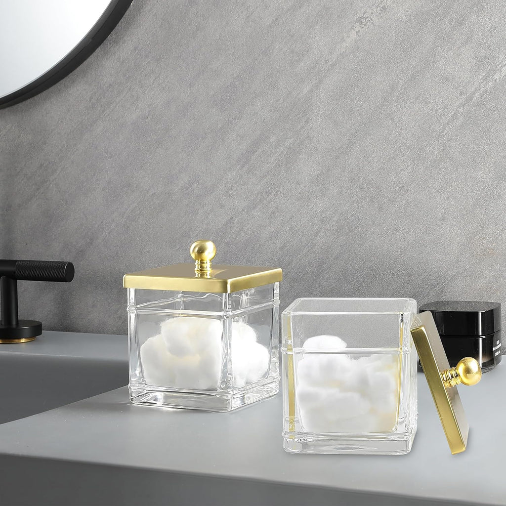 Glass Cotton Jar Holder 2 Pack– Brushed Gold Lid, Elegant Bathroom