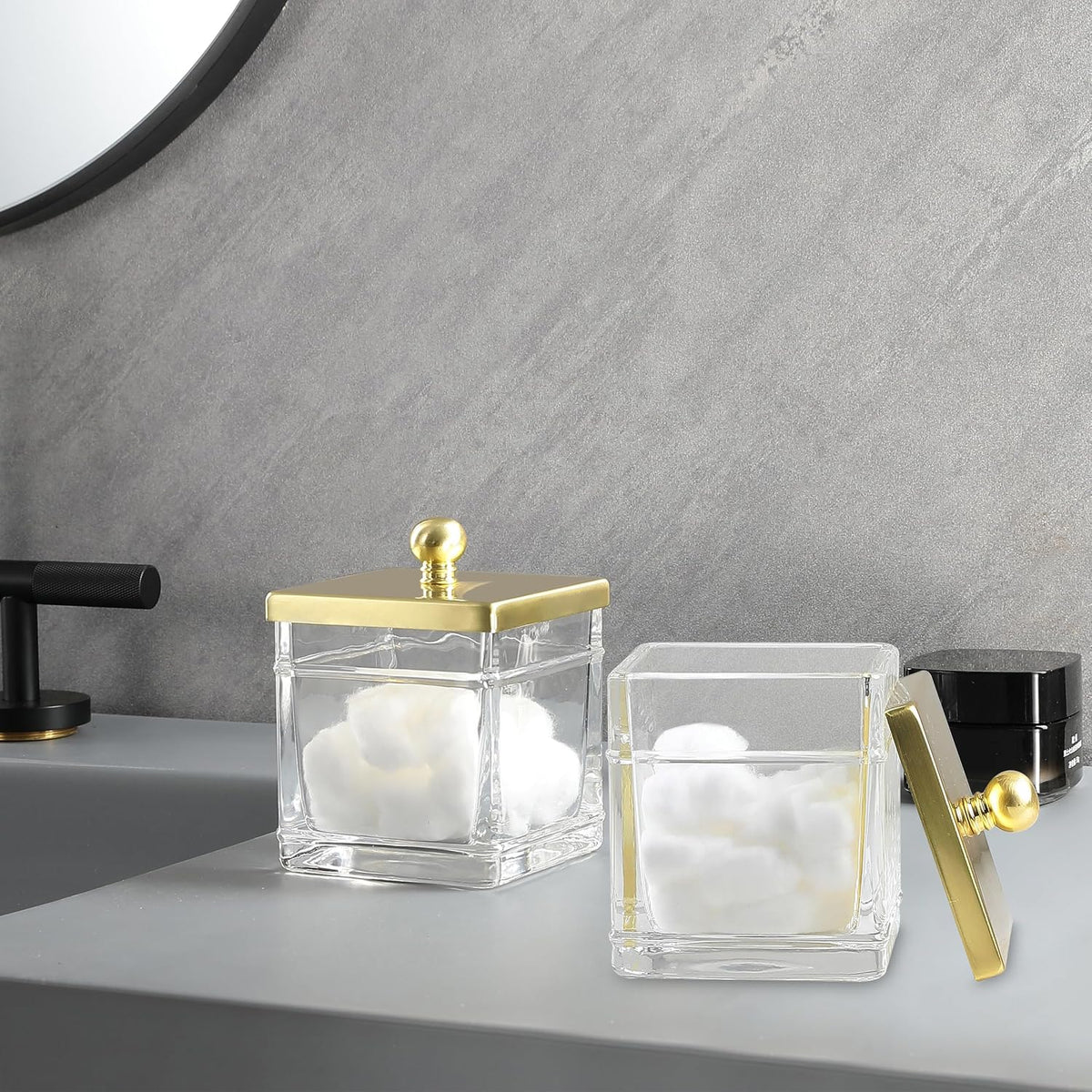Glass Cotton Jar Holder 2 Pack– Brushed Gold Lid, Elegant Bathroom