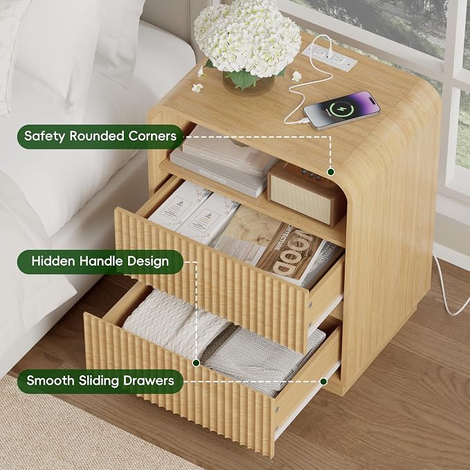 Natural Oak Nightstand with Charging Station, Mid Century Modern Bedside Table - Image 6