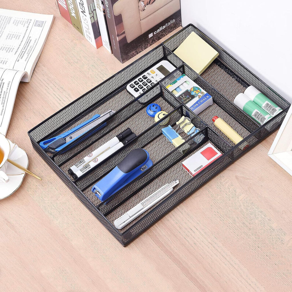 WuGeShop Desk Drawer Organizer with 6 Compartments, Mesh Drawer