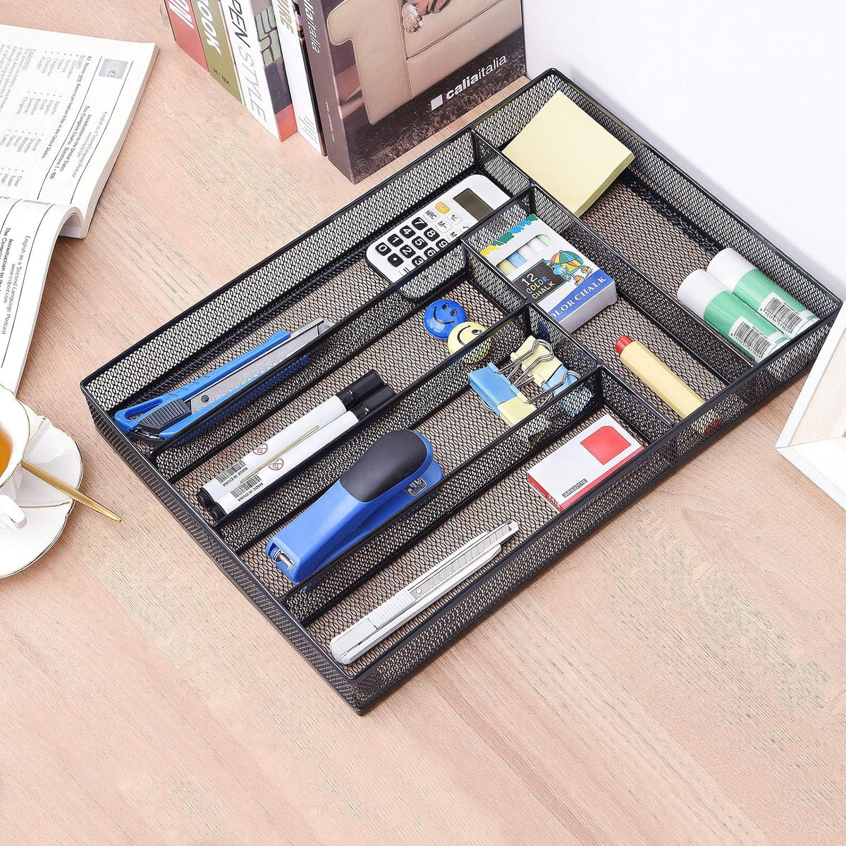 WuGeShop Desk Drawer Organizer with 6 Compartments, Mesh Drawer