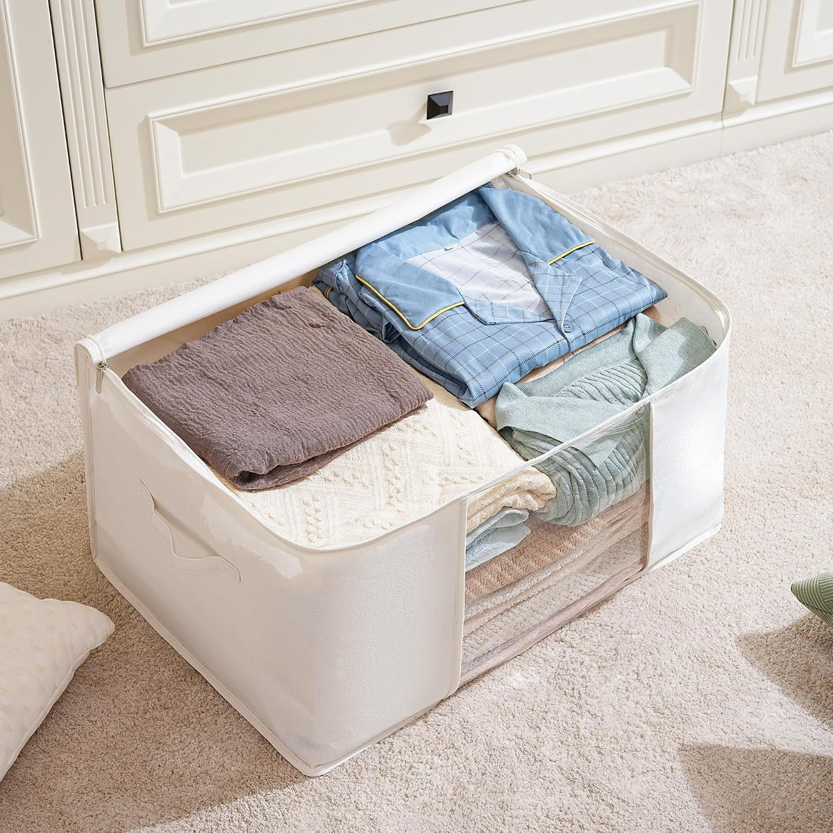 Large Storage Bags with Zipper and Clear Window, Cotton Blended Fabric