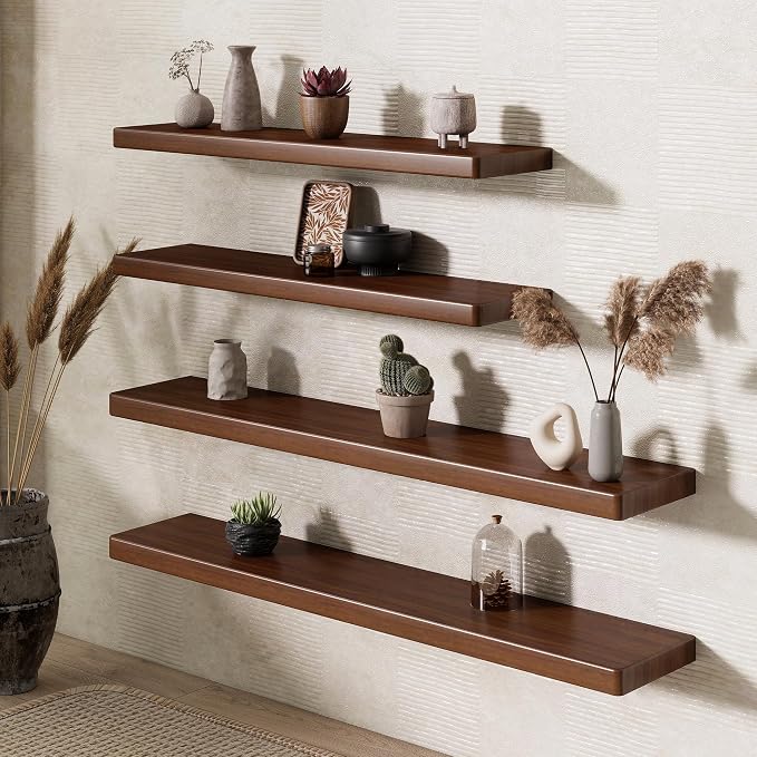 48" Rustic Walnut Wood Floating Shelves, 8 Inch Deep Wall Shelves - Image 4