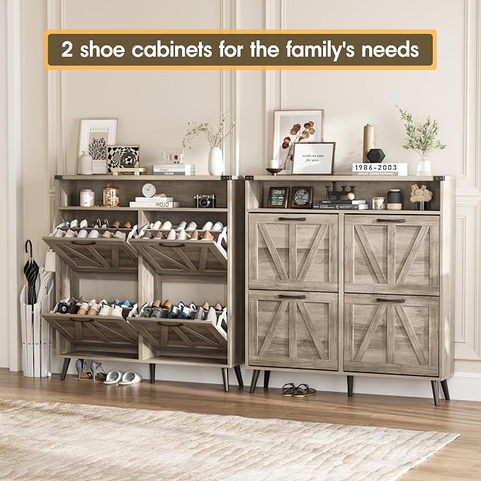 Shoe Cabinet with 4 Flip Drawers, Farmhouse Shoe Storage Cabinet - Image 4