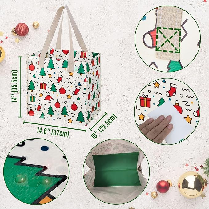 VENO 4 Pack Christmas Reusable Grocery Bags, Heavy-Duty Shopping Bags - Image 2