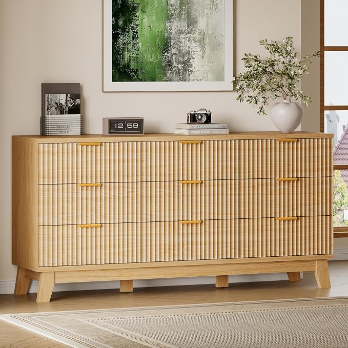 63" Long Dresser for Bedroom, 9-Drawer Fluted Dresser, Extra-Wide Wood Chest of by BORNOON