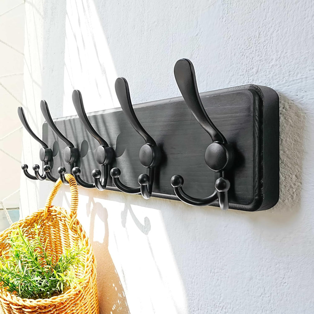 Coat Rack Wall Mounted - 5 Tri Hooks, Heavy Duty, Wooden Wall Coat