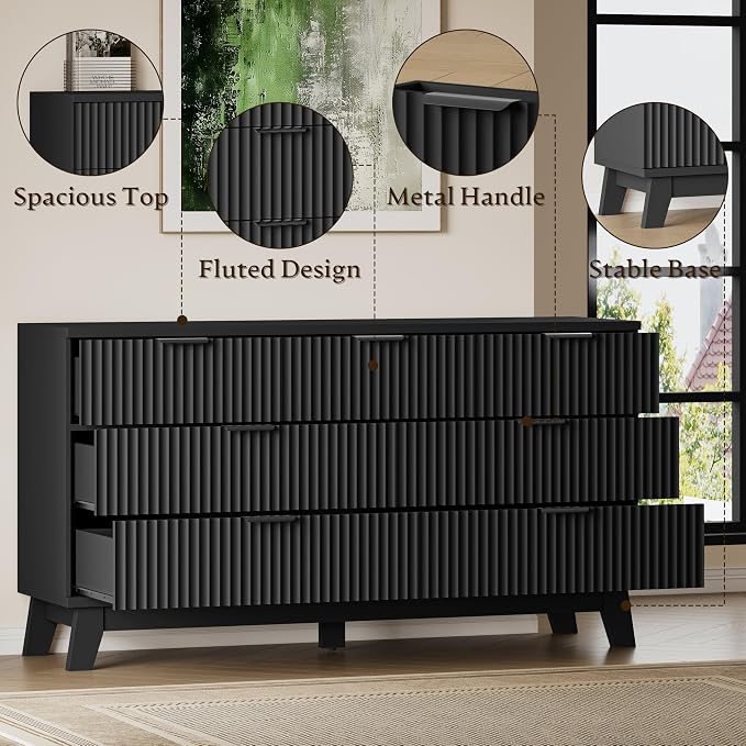 57" Long Dresser for Bedroom, 7-Drawer Fluted Chest, Wide Wood Storage Dresser - Image 5