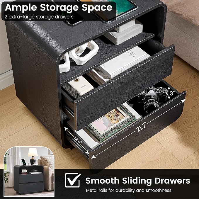 Curved Black Nightstand with Charging Station, Modern Bedside Table with 2 - Image 4