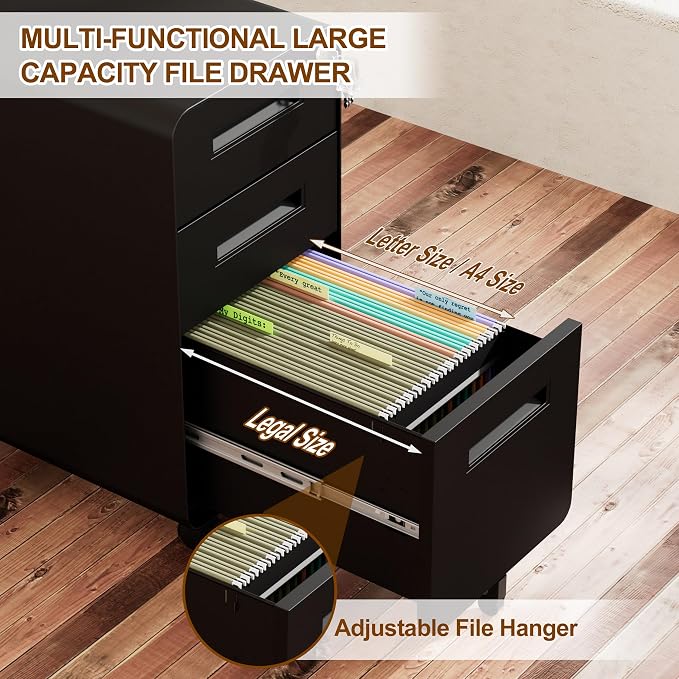 3 Drawer File Cabinet with Lock and 4 Keys, Mobile Metal Filing Cabinet - Image 7