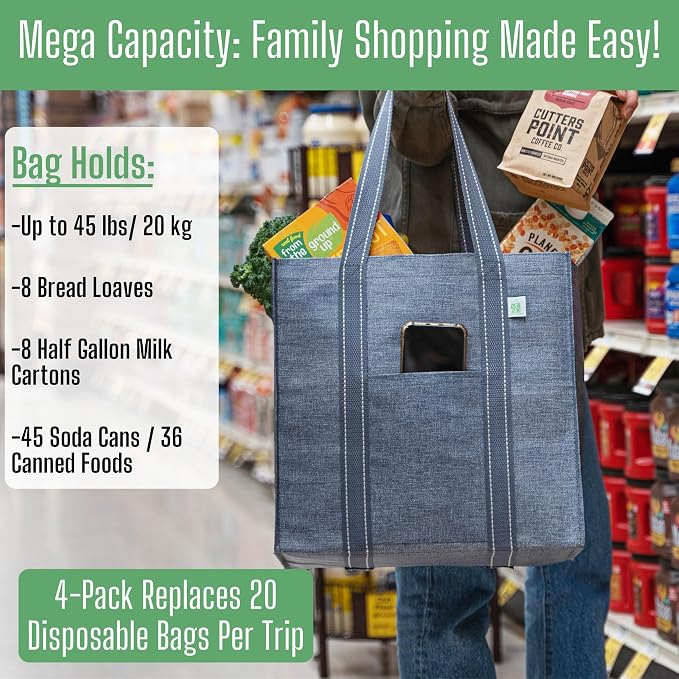 VENO 4 Pack Reusable Grocery Bags, Heavy-Duty Shopping Bags - Image 4