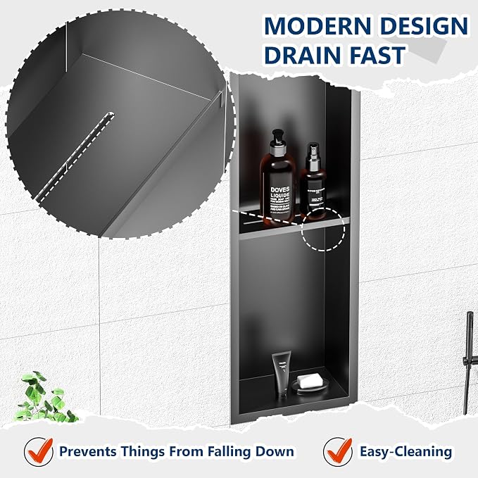 Stainless Steel Shower Niche 24" X 8", No Tile Needed Wall Niche Double Shelves - Image 5