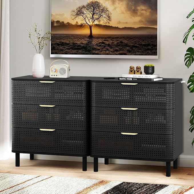 ORRD 3 Drawer Dresser, Modern Iron Rattan Cabinet Dresser - Image 6
