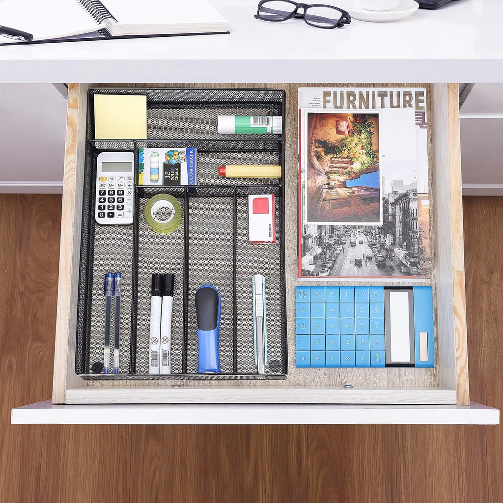 WuGeShop Desk Drawer Organizer with 6 Compartments, Mesh Drawer