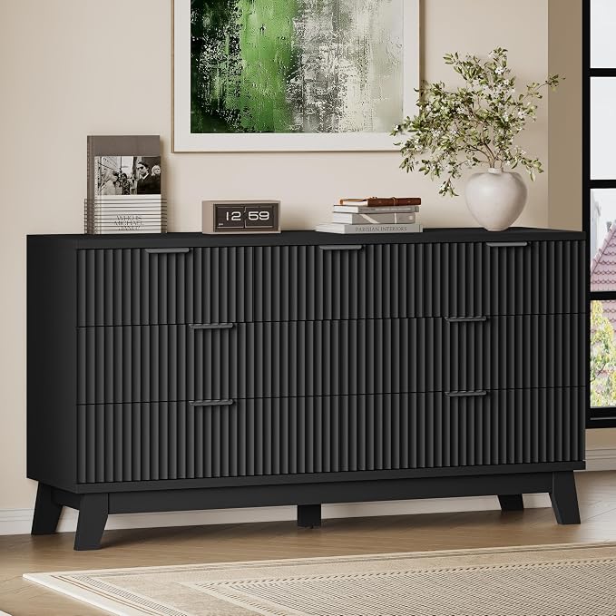 57" Long Dresser for Bedroom, 7-Drawer Fluted Chest, Wide Wood Storage Dresser by BORNOON