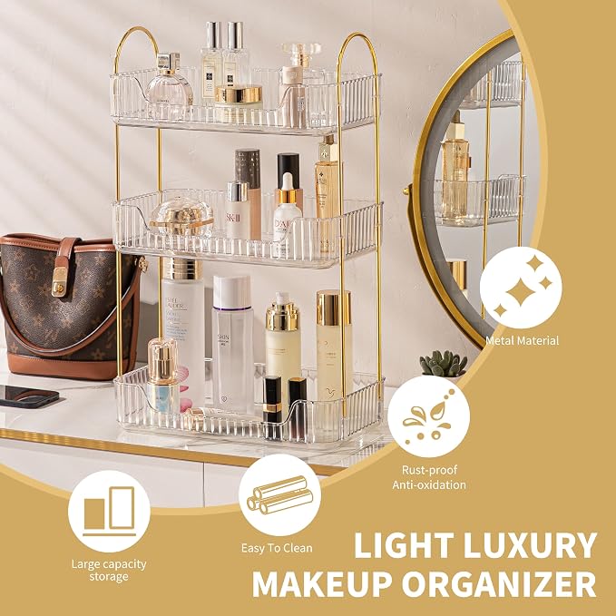 3 Tier Bathroom Organizer Countertop Makeup Perfume Tray Skincare Organizer - Image 3