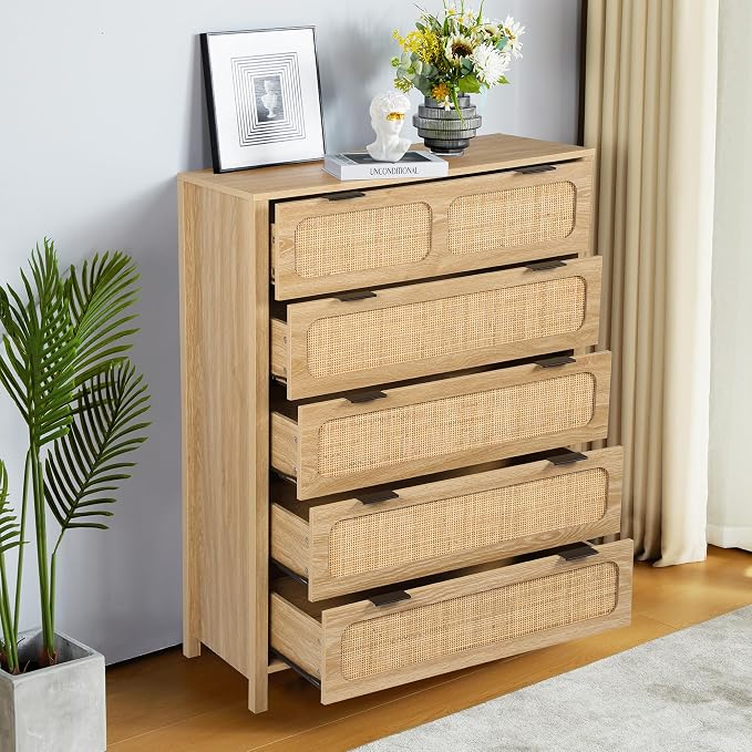 LEVNARY 5 Drawer Chest Dresser, Rattan Tall Dresser 5 Chest of Drawers Dressers - Image 3