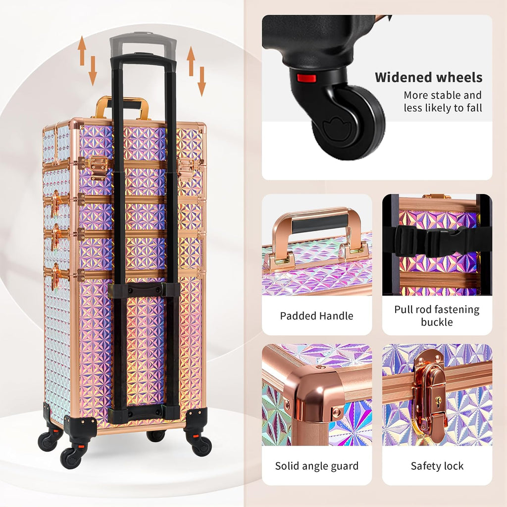 AROUS 5 in 1 Rolling Makeup Train Case with Lid Cosmetology Case on