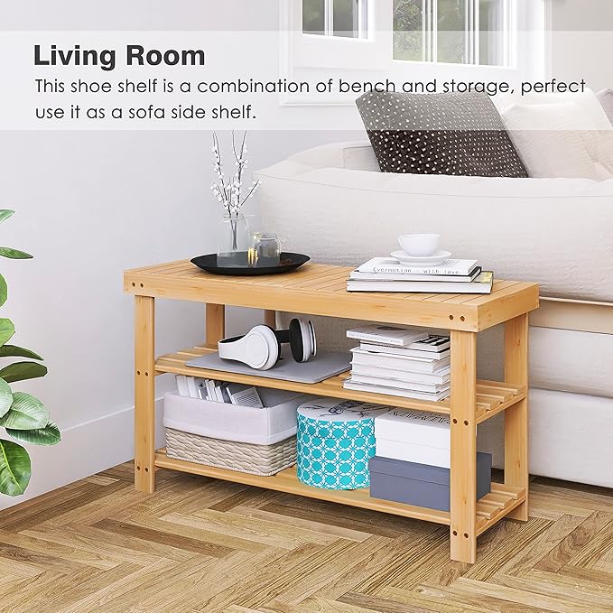 SMIBUY Bamboo Shoe Rack Bench, 3-Tier Shoe Organizer Storage Shelf - Image 5