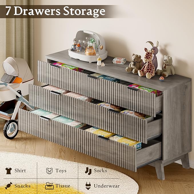 57" Long Dresser for Bedroom, 7-Drawer Fluted Chest, Wide Wood Storage Dresser - Image 6