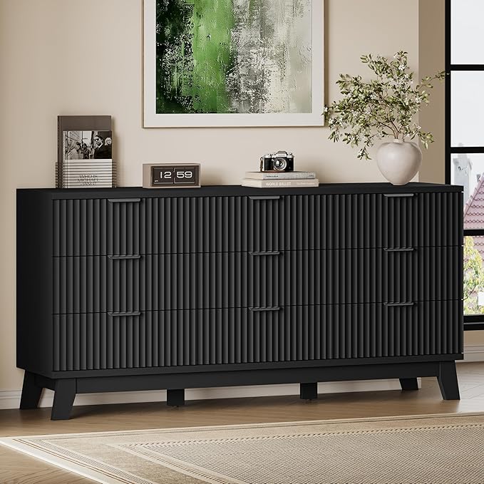 63" Long Dresser for Bedroom, 9-Drawer Fluted Dresser, Extra-Wide Wood Chest of by BORNOON