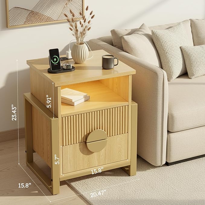 Fluted Nightstand with Charger Station Strip Lights, Large Accent Bed Side - Image 3