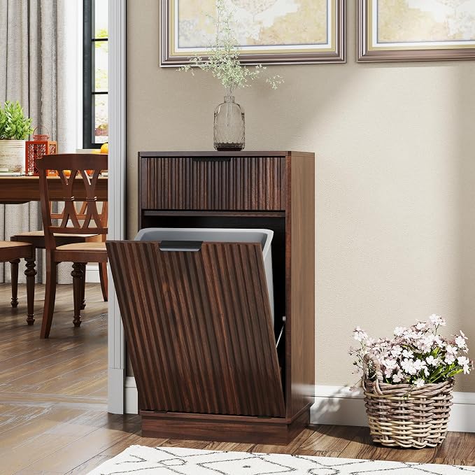 Tilt-Out Trash Cabinet with 10-Gallon Capacity, Walnut Laundry Hamper Cabinet - Image 2
