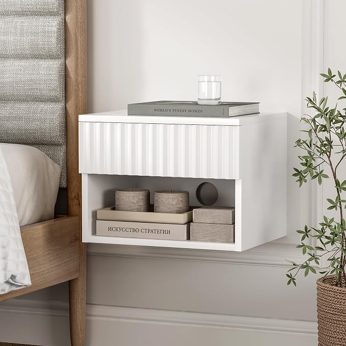 Small Floating Nightstand with Drawer, Modern Night Stand with Fluted Door and by EYYTHUNG