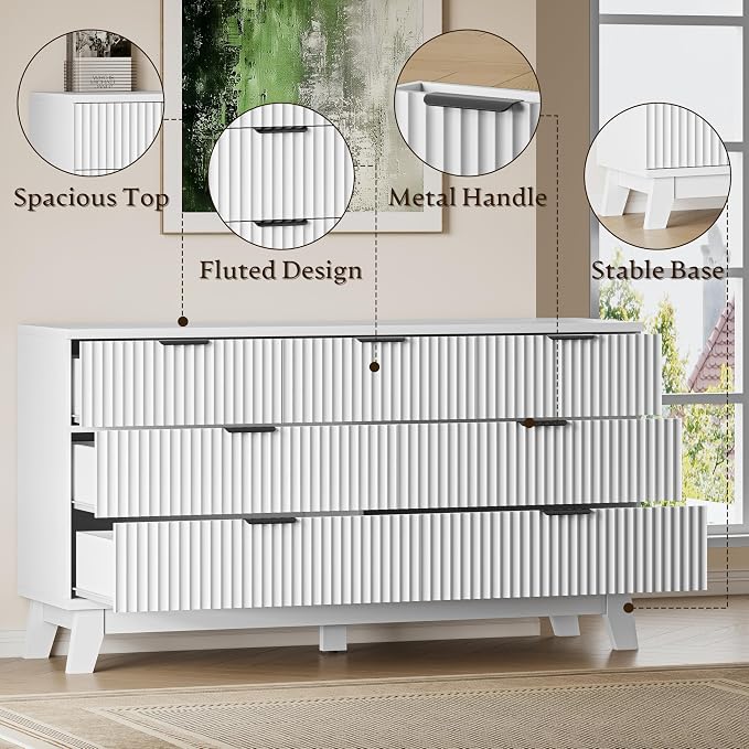 57" Long Dresser for Bedroom, 7-Drawer Fluted Chest, Wide Wood Storage Dresser - Image 5