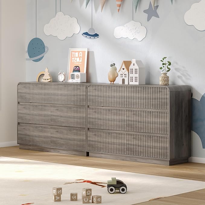 Dresser for Bedroom with 6 Drawers, Fluted Chest of Drawers with Round Curved - Image 6