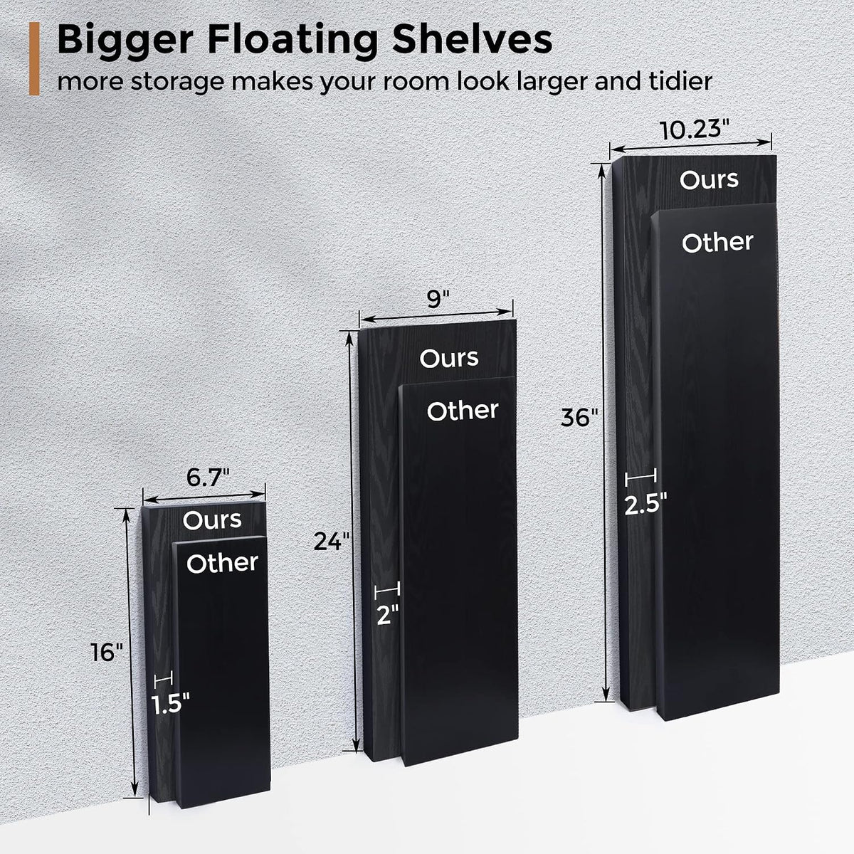 Floating Shelves - 16 Inch Rustic Black Wall Shelf - Wall Mounted