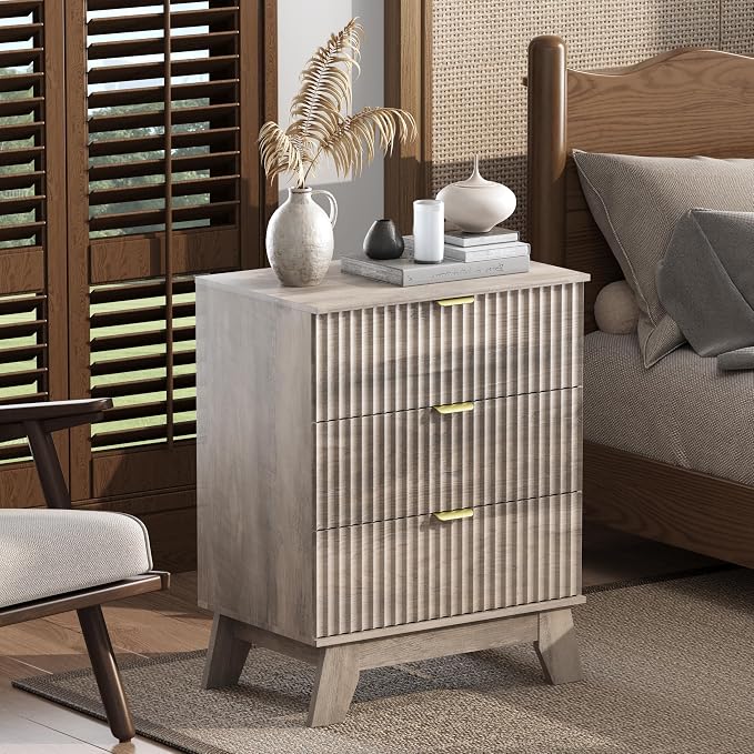 Grey Night Stand with 3 Drawers, Bedside Table & End Table, Farmhouse Night by WODEER